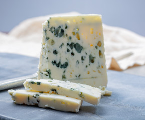 French blue cheese Roquefort, made from sheep milk in caves of Roquefort-sur-Soulzon