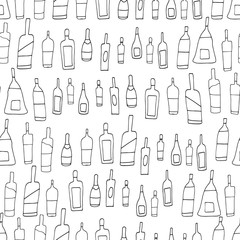 Hand drawn black and white vector seamless pattern with doodle wine bottles. Sketch drawing. - 257432161