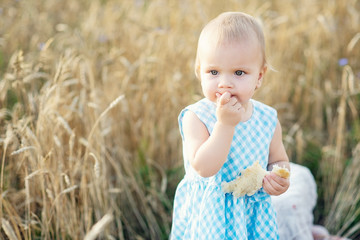 cute happy little girl in wheat field on a warm summer day