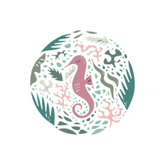 Cute hand drawn color vector circle pattern. Sea character cartoon style. Sketch animals. Web, label, decor apparel