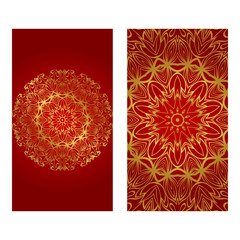 Vintage Cards With Floral Mandala Pattern. Vector Template. The Front And Rear Side. Red gold luxury color