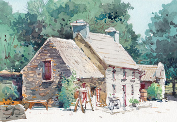 old brick cottage watercolor painting hand drawn
