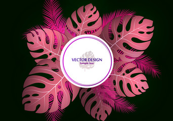 Vector background with tropical monster leaves and palm leaves. Bright abstract background for banner, flyer or cover with copy space for text or emblem - vector graphics