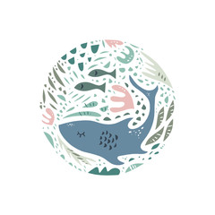 Cute hand drawn color vector circle pattern. Sea character cartoon style. Sketch animals. Web, label, decor apparel