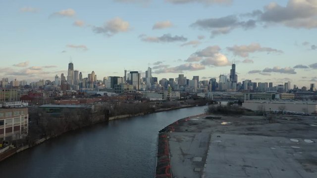 4k Aerial perspective of Chicago skyline near Lincoln Yards and Goose Island