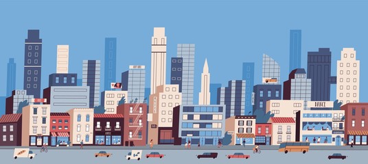 Urban landscape or cityscape with buildings, skyscrapers and transport riding along road. Big city life. Street view of modern residential area. Colorful vector illustration in flat cartoon style. © Good Studio