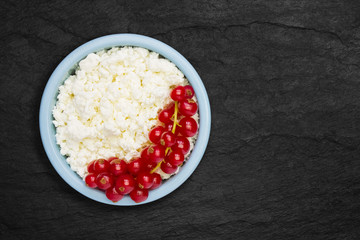 An overhead photo of fresh natural cottage cheese with red currant in a blue ceramic bowl on the black stone plate. Organic eco healthy meal, dairy product. Top view. Place for text, copyspace.