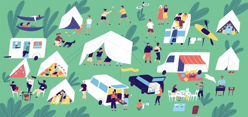 Summer camp festival. People or tourists living in tents, travel trailers and camper vans, cooking and eating food outdoor, playing, talking to each other. Flat cartoon colorful vector illustration.
