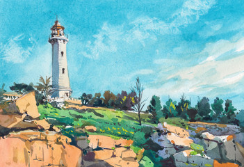 lighthouse by the sea coast watercolor painting