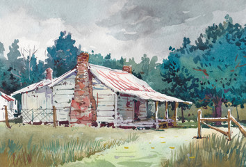 old cottage watercolor hand drawn