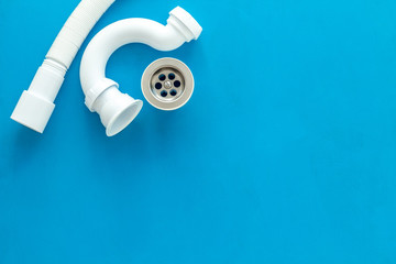 Plumber work with instruments, tools and gear on blue background top view mockup