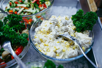 Salad with spinach, cherry tomatoes, corn salad, baby spinach, fresh mint and basil.