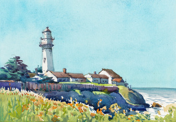 lighthouse on the coast watercolor hand drawn painting