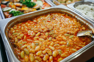 Big banquet table with chafing dish heaters