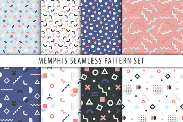 Set of abstract geometric prints. Vector collection of seamless patterns in memphis style.
