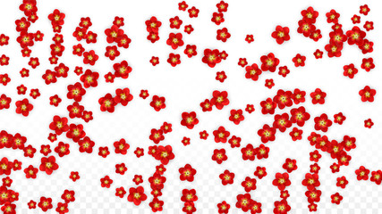 Vector Realistic Red Flowers Falling on Transparent Background.  Spring Romantic Flowers Illustration. Flying Asian Rose Spa Design. Blossom Confetti. Design Elements for Wedding Decoration.