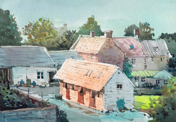 old cottage village watercolor painting hand drawn