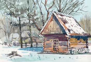 old barn cottage watercolor painting hand drawn