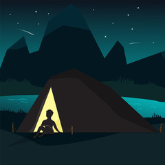The Tourist Sits by Tent. Mountain Landscape. Vector Illustration.