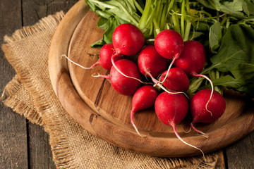 Fresh bunch of radishes on wooden rustic background