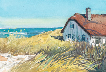 cottage by the sea watercolor painting