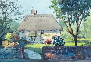 old cottage watercolor hand drawn