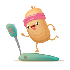 Cartoon funky potato character running or jogging on treadmill isolated on white background. Cute sporty vegetable character making cardio sport exercise. Fitness cardio concept