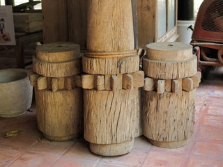 Vintage wooden Sugar Cane Press showing in Wat Khanon Nangyai, Photharam, Ratchaburi, Thailand.