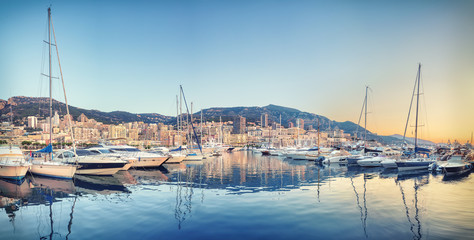 Morning panorama of port Hercule in Monaco - obrazy, fototapety, plakaty