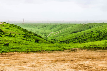 Lush green landscape, trees and foggy mountains in Ayn Khor tourist resort, Salalah, Oman
