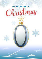 Merry Christmas. Sports greeting card. Realistic Rugby ball in the shape of a Christmas ball. Vector illustration.
