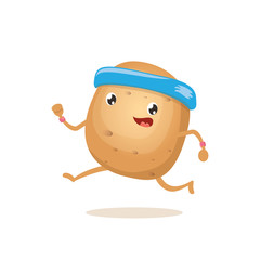 Cartoon funky potato character running or jogging isolated on white background. Cute sporty vegetable character making cardio sport exercise. Fitness cardio concept