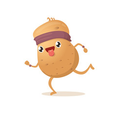 Cartoon funky potato character running or jogging isolated on white background. Cute sporty vegetable character making cardio sport exercise. Fitness cardio concept