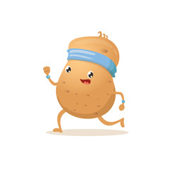 Cartoon funky potato character running or jogging isolated on white background. Cute sporty vegetable character making cardio sport exercise. Fitness cardio concept