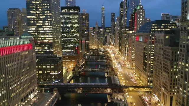 Downtown Chicago River at Dusk - Cinematic 4k Aerial