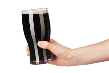 Hand with full beer glass isolated on white background