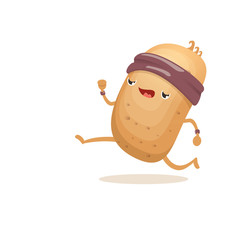 Cartoon funky potato character running or jogging isolated on white background. Cute sporty vegetable character making cardio sport exercise. Fitness cardio concept