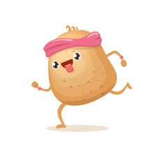 Cartoon funky potato character running or jogging isolated on white background. Cute sporty vegetable character making cardio sport exercise. Fitness cardio concept