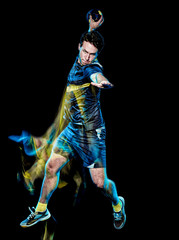one caucasian handball player young man isolated on black background with speed light painting effect motion blur