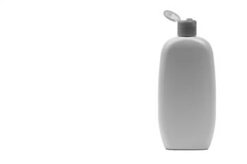 Baby oil or shampoo bottle isolated on white background. Copy Space and Black and White