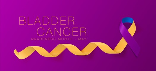 Bladder Cancer Awareness Calligraphy Poster Design. Realistic Marigold And Blue And Purple Ribbon. May is Cancer Awareness Month. Vector