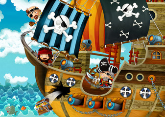 cartoon scene with pirate ship sailing through the seas with scary pirates - illustration for children
