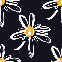 Chamomile seamless pattern Black background