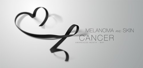 Melanoma and Skin Cancer Awareness Calligraphy Poster Design. Realistic Black Ribbon. May is Cancer Awareness Month. Vector
