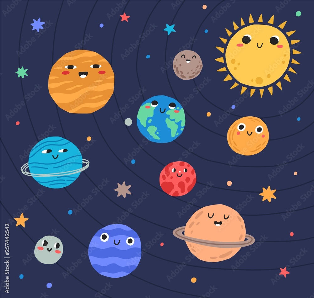 Wall mural funny planets of solar system and sun with smiling faces. adorable celestial bodies in outer space. 