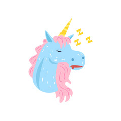 Cute funny unicorn character sleeping and snoring cartoon vector Illustration on a white background