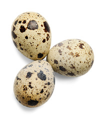 Three quail eggs on a white isolated background. View from above. Close-up.