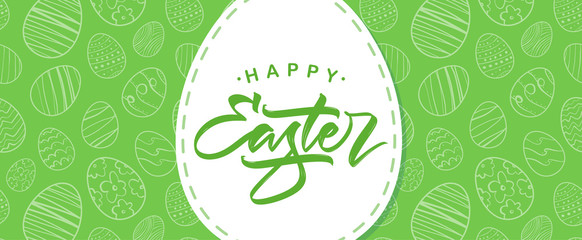 Greeting card with hand drawn eggs, handwritten lettering of Happy Easter