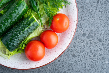 cucumber, tomato, radish, parsley, onion and other vegetables on a plate