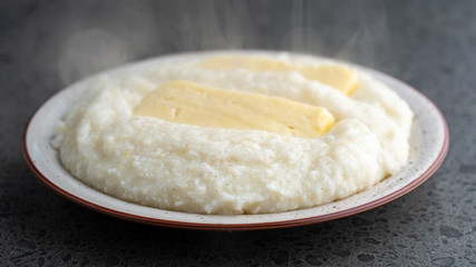 Mengrelian corn mamalica (ghomi) with cheese. Georgian food.
